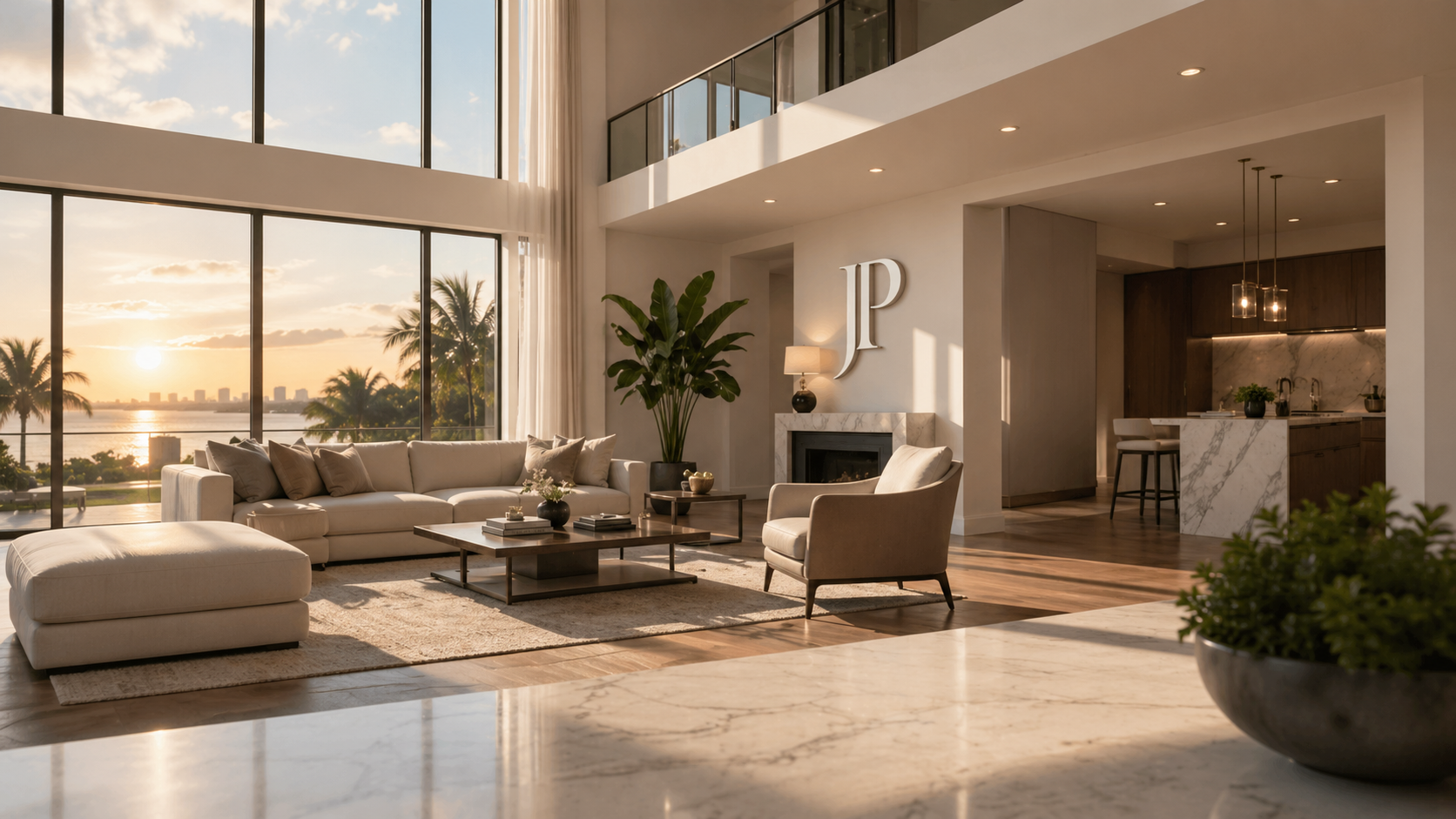 Daytime living room interior with floor-to-ceiling windows facing palm trees and Tampa Bay; JP monogram on the back wall.