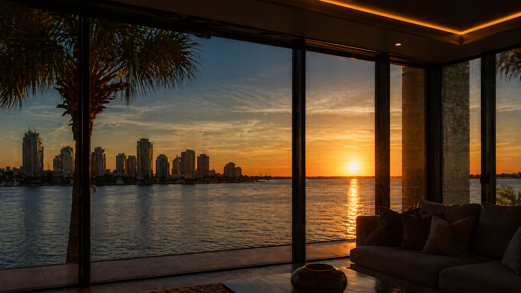 Floor-to-ceiling glass interior at dusk overlooking Tampa Bay and the St. Petersburg skyline.